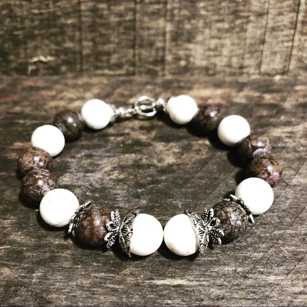 Brown Snowflake Obsidian and Magnesite Bracelet